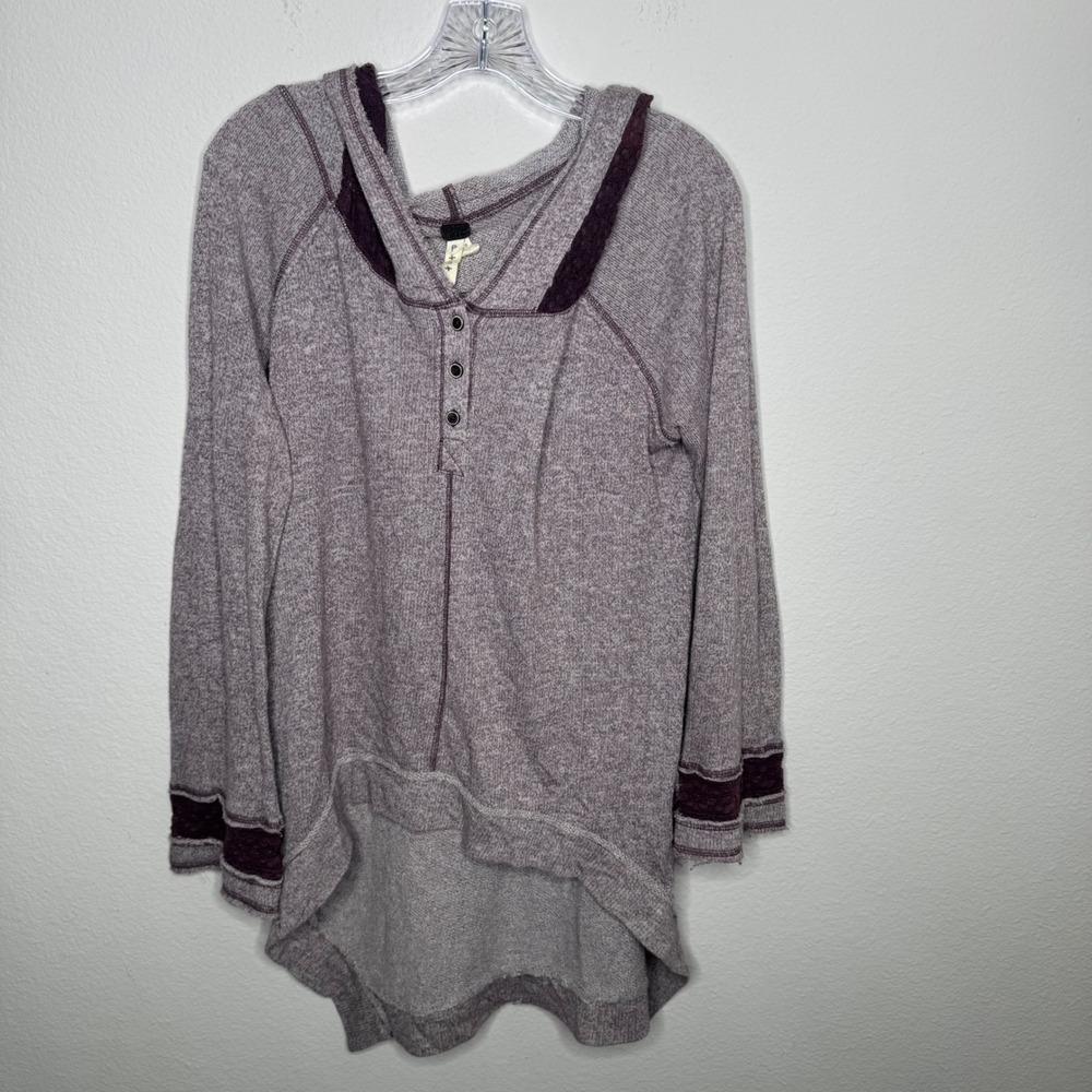 We The Free‎ Free People Purple Thermal Henley Hoodie Top Sz P/S Distressed Lace